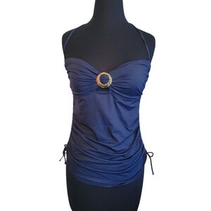 Lauren Ralph Lauren Dark Blue Gold Medallion String Halter Tankini Swim, Size 12